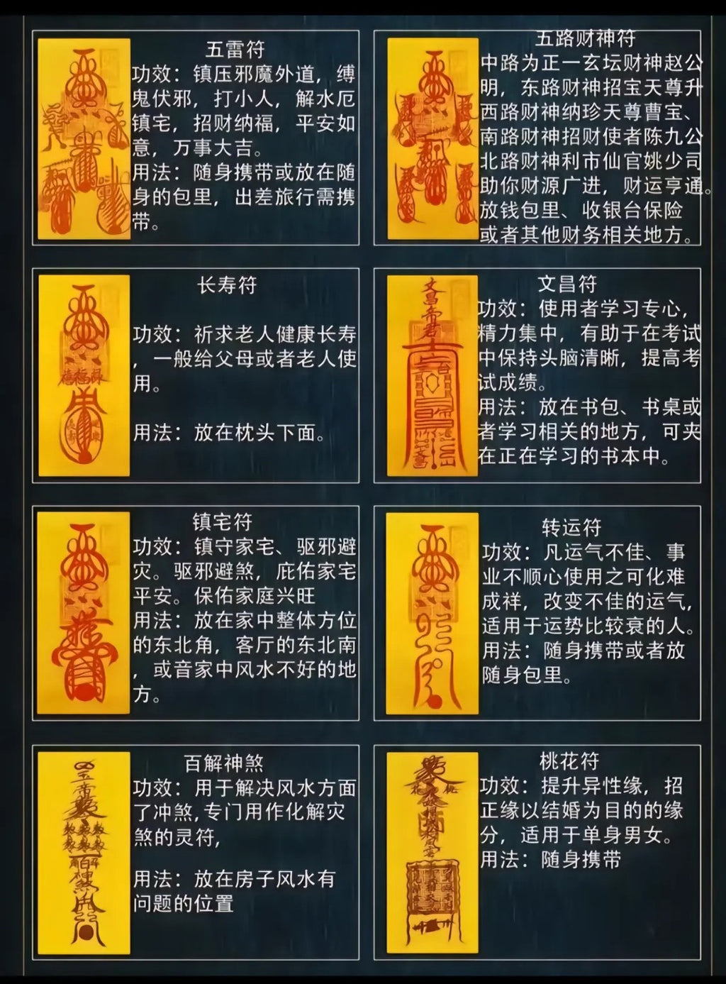 长寿符 | 转运符 | 桃花符 | 百解神煞 | 健康符 | 驱鬼符 | 驱邪符 | 升官符 | 事业符 | 事业合和符 | 六丁六甲符 | 百解消灾符 | 防小人符 | 偏财符 | 贵人符